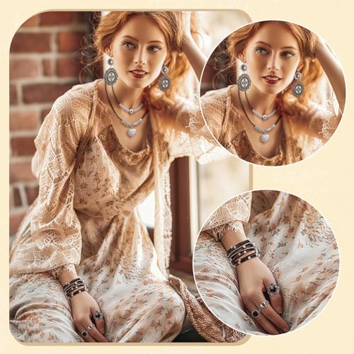 Image of Ecally Bohemian Western Jewelry Turquoise Set Women Country Pendant Long Choker Layered Bracelets Earrings Ring for Women