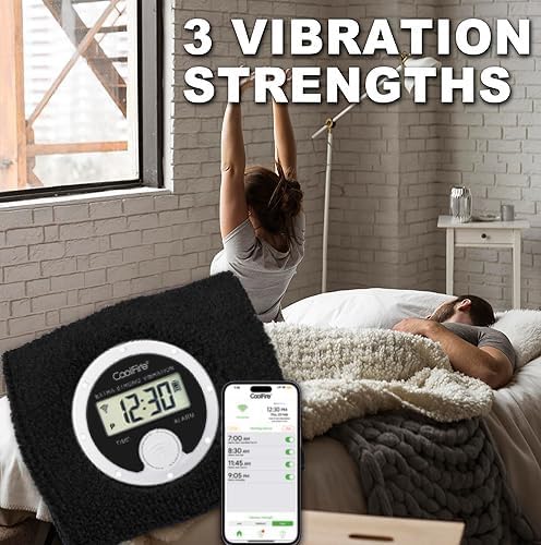 Coolfire sweatband and phone app showing three vibration strengths, with a person waking up in the background.
