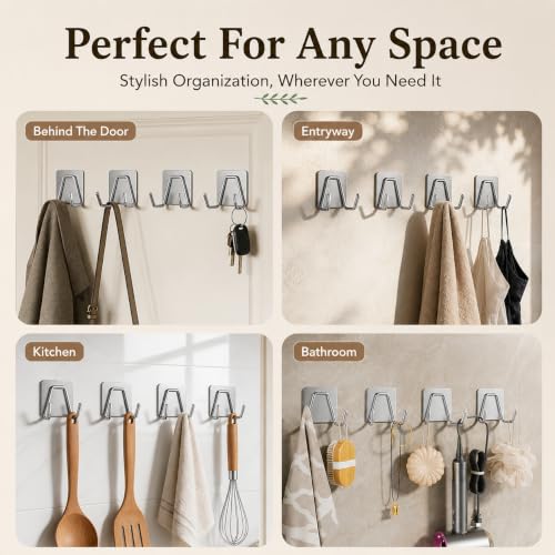 Image of HASTHIP 4 Pack Self Adhesive Coat Hooks Double Wall Hooks for Home Use