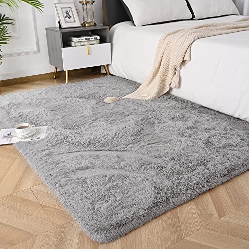Foxmas Grey Bedroom Rug, Bedside Area Rugs For Bedroom, Fluffy Area Rug For Kids Room, Non Slip Floor Rugs For Bedroom, Washable Area Rugs Plush Fluffy Furry Fur Rugs, 3X5 Feet #TOP4