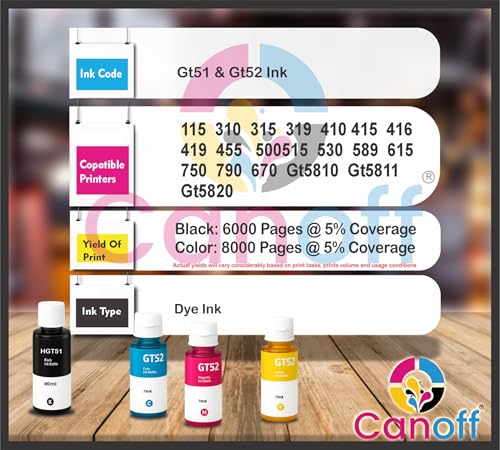 Image of CANOFF GT51 /GT 52 Refill Ink Compatible for HP Ink Tank 115,310,315,319,410,415,416,419,455,500,515,530,589,615,750,790,670,GT5810,GT5811,GT5820(HGT51BK /GT52 Set)