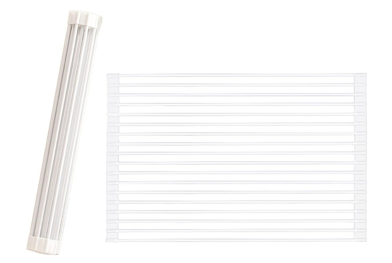 Roll Up Dish Drying Rack Over The Sink.Foldable Kitchen Drainer,Fully Silicone Cover Stainless Steel Bar,Heat-Resistant, Anti-Slip Sink Rack for Kitchen Counter Multipurpose.