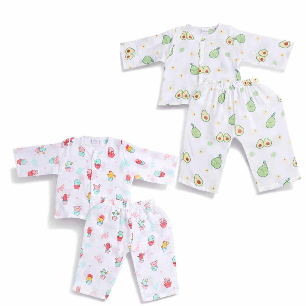 Muslin Baby Night Suit Set of 2 Cactus and Avocado Print Front Open Full Sleeve Soft Breathable Nightwear Sleepwear for Boys Girls Newborn-image-23