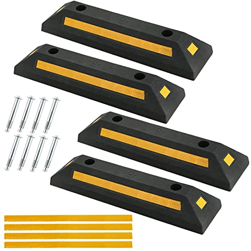 ATPEAM 4 Pack Rubber Curb Vehicle Floor Stopper Heavy Duty Black Parking Blocks Wheel Stop Stoppers with Yellow Reflective Stripes for Car, Truck, RV, Trailer, and Garage