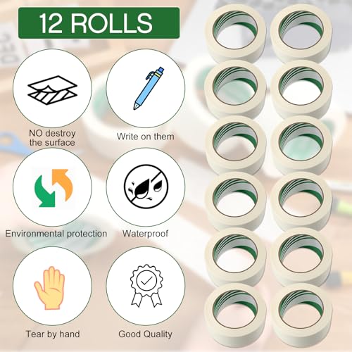 Image of Frienda 12 Rolls Wide Masking Tape 2 Inches x 50 Yards Painters Tape General Purpose Painting Tapes Bulk Easy to Remove for Home School Office Painting Labeling DIY Art and Crafts (Beige White)