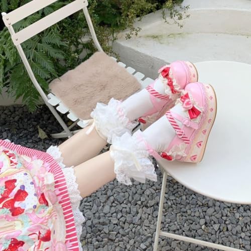 ZQW Women's Kawaii Cute Bow Strawberry Cake Lace Chunky Mary Jane Heels – Round Toe Lolita Y2K Aesthetic Platform Wedge Shoes with Sweet Bow & Heart Decor3