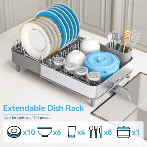 Image of Urackify Dish Drying Rack - Dish Drainer for Kitchen Counter, Stainless Steel Dish Rack with Swivel Draining Spout & Drain Board, Expandable Space-Saving Kitchen Dish Organizer for 3-4 People, Grey