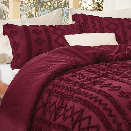 Image of Bedsure Tufted Boho Comforter Set Queen Size - Burgundy Boho Bed Set, GentleSoft 3 Pieces Farmhouse-Style Embroidery Bedding, Gifts for Woman, Soft Jacquard Kids' Queen Comforter for All Seasons