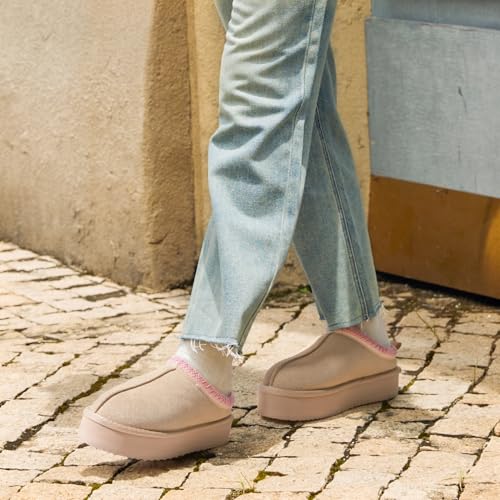 DREAM PAIRS DREAM PAIRS Women's Platform Slippers Genuine Suede Slip-on Warm FuzzyEasy Autumn Winter Fluffy Comfy Furry Shoes for Outdoor Indoor,Size 12,Nude