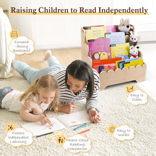 MBYD Wooden Kids Bookshelf 4-Tier, Scalloped Book Shelf for Kids, Front Facing Toddler Montessori Bookshelf, Baby Nursery Book Shelves, Children Bookcase Organizer for Bedroom Playroom Living Room - Image 6