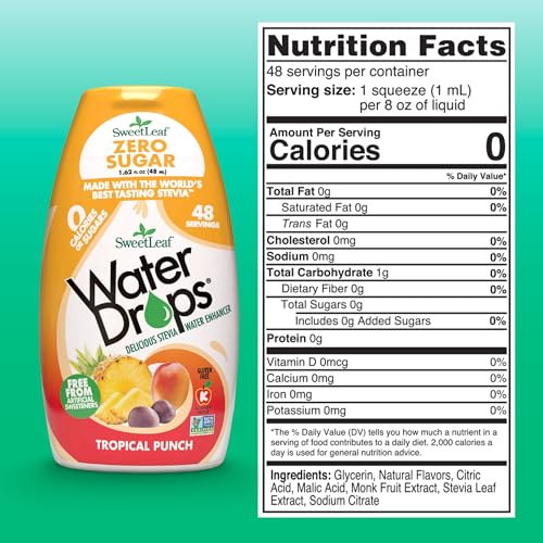 Image of SweetLeaf Water Flavoring Drops - Stevia Water Enhancer, Sugar Free, Zero Calorie Water Additive, Contains Monk Fruit Extract, Gluten Free, Keto Friendly - Tropical Punch, 1.62 Fl Oz (Pack of 1)