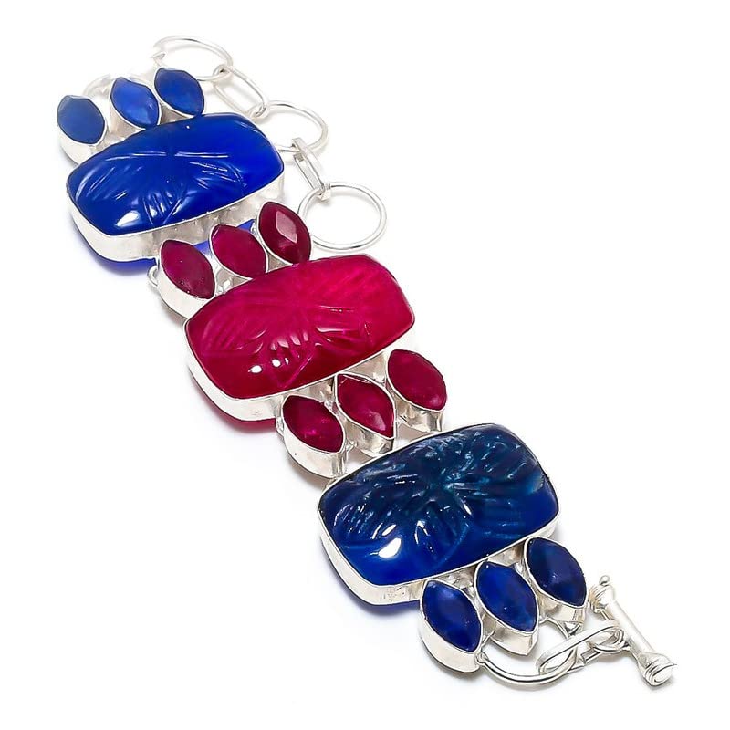 Bracelet saphir bleu birman grenat rouge bijoux en argent fait main pour fille et femme ajustable