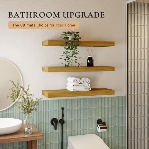 Image of 36 inch Extra Deep Floating Shelves, Set of 3, Natural Wood | 36 inchL x 12 inchD x 1.8 inchH, Set of 3, Solid Paulownia Wood, Natural Finish, Hidden Brackets, Hardware Included