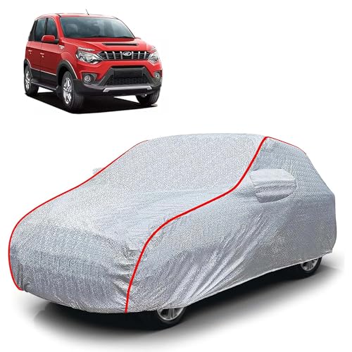 Image of Sulfar 100% Waterproof Car Body Cover Compatible with Mirror for Mahindra Nuvosport (Triple Stitched, Full Bottom Elastic, Magic Silver with Red Piping)