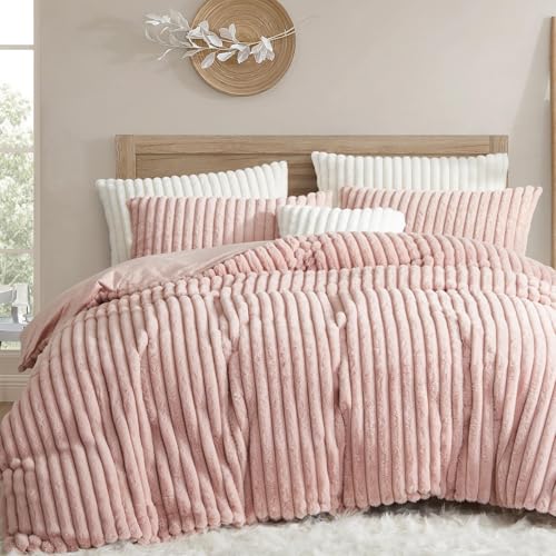 Sedefen Winter Bettwäsche 135x200 cm Rosa Flauschig Plüsch Kunstfell Flanell Biber Wendebettwäsche Shaggy Gestreift Bettbezug und 1 Kissenbezug 80x80cm mit Reißverschluss