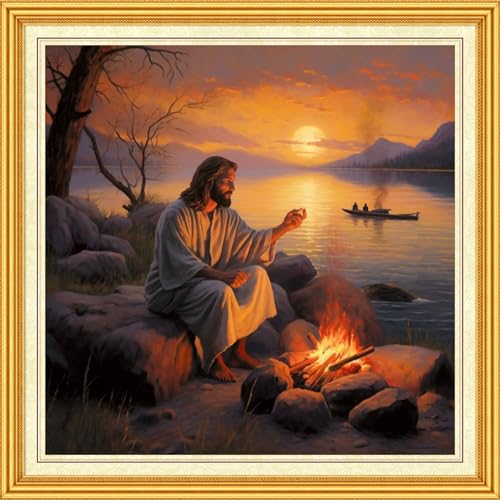 Image of DMCVIVR Stamped Cross Stitch Kits for Beginners Adults Needlepoint Kits for Beginners Embroidery Kits for Adults Crossstitch Kit for Beginners 11CT-Jesus Sunset 18x18 inch