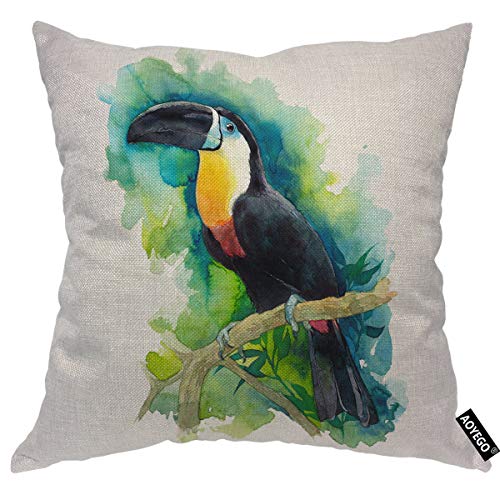 AOYEGO Toucan Throw Pillow Case Tropical Bird Exotic Branch Foliage Nature Forest Tree Leaf Beak Jungle Decorative Pillow Cover 20X20 Inch Cotton Linen Square Cushion for Sofa Bedroom