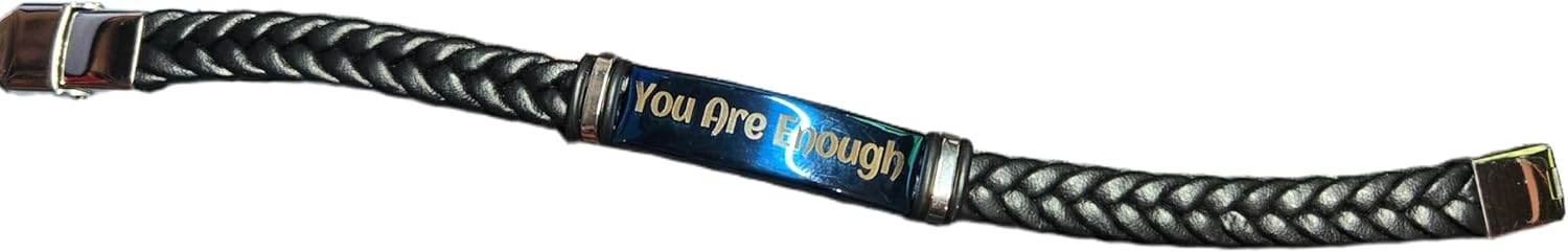 Zax Dezignz You Are Enough Laser Engraved Bracelet, Titanium Stainless Steel Plate Metal Unisex Braided Leather, Black Band Blue bar, 8.66 inch length