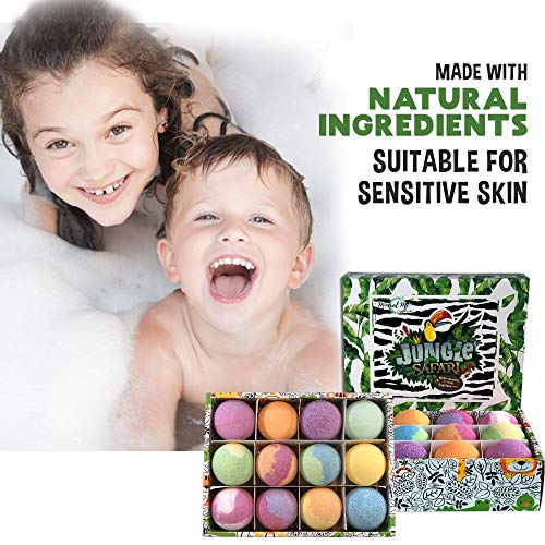 Bath Bombs for Kids with Toys Inside - Set of 12 Organic Bubble Bath Fizzies with Jungle Animal Toys. Gentle and Kids Safe Spa Bath Fizz Balls Kit. Birthday or Christmas Gift for Girls and Boys