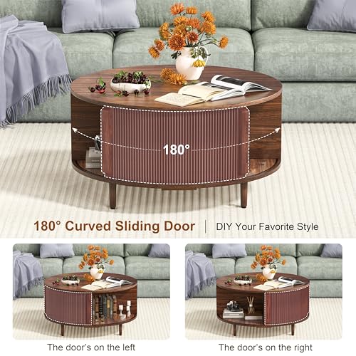Image of Round Coffee Table, 31.5 inch Fluted Center Table with Storage, Lift-Top Coffee Table with Adjustable Footpads, Sliding Door, Mid-Century Modern Center Table for Living Room, Small Space, (Walnut)