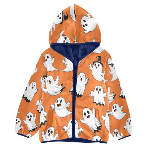 Halloween Ghosts on Orange Toddler Fleece Jacket Girl Boys Hooded Fleece Jacket Coat Warm Outwear Zip-up 3-10T