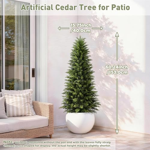 Image of 2 Pack 5ft Artificial Cedar Trees for Outdoors (UV Resistant), Potted Faux Cedar Topiary Plants for Front Porch, Realistic Evergreen Shrub for Entryway & Patio Decor