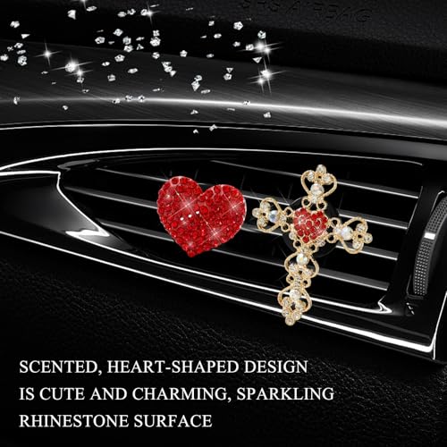 Image of 2 PCS Bling Car Vent Clip, Crystal Rhinestone Cross and Heart Car Air Fresheners Vent Clips, Diamond Car Air Conditioner Outlet Decoration Charm for Women, Car Accessories (Red)