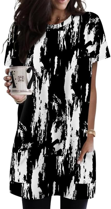 KISSMODA Women’s Summer Tunic Tops for Leggings Casual Short Sleeve Long Shirts with Pockets Dress Length Tunic