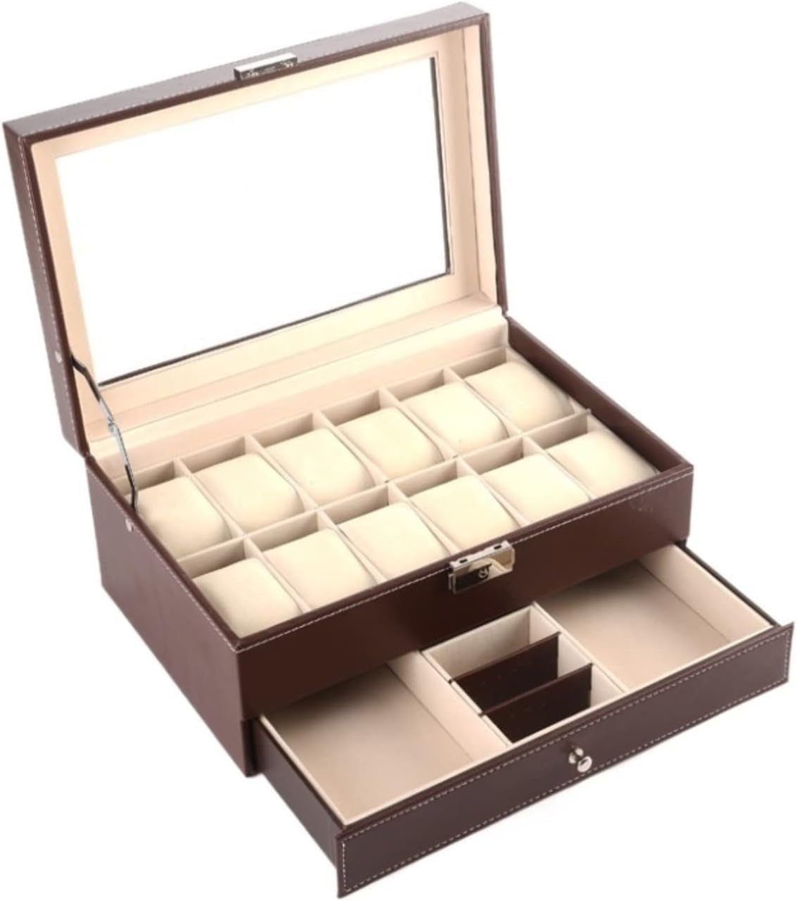 Boîtier De Montre, Remontoir De Montre, Organisateur De Montre, Présentoir À 12 Emplacements, Boîte De Montre Double Couche En Cuir Pu, Étui De Rangement Avec Tiroir, Boî（Black-30*20*13Cm）