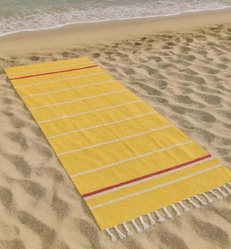 Vico Casa® Toalla de Playa Riviera Grande 90x200cm, Fouta de Playa de algodón con diseño de Rayas, por Playa, Piscina, Sauna/Amarillo y Rojo