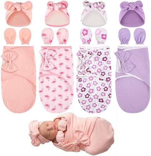 Ramede 4 Pack Baby Swaddle Blanket with Hats & Mittens, Preemie Swaddle Set for Baby Adjustable Infant Outfit for 0-3 Months(0-3 Months,Cute Style)