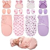 Ramede 4 Pack Baby Swaddle Blanket with Hats and Gloves Swaddle Infant Outfit for Newborn 0-3 Months Soft & Snug Sacks Cotton(Bow,Pink and Purple)