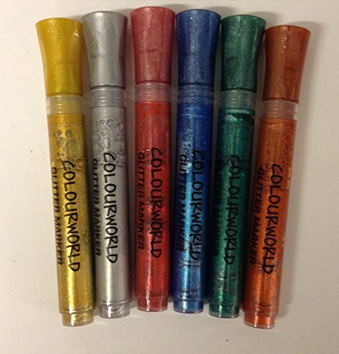 COLOURWORLD GLITTER MARKER PENS. PACK OF 6 GLITTER PENS -SILVER, GOLD, RED, BRONZE, BLUE, GREEN. VALVE SYSTEM