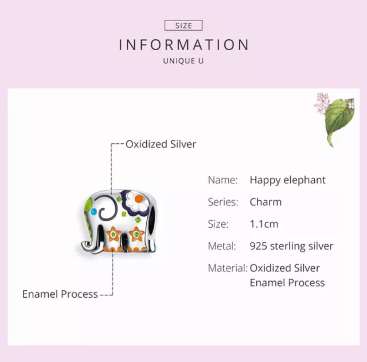 Charm-Anhänger „Happy Lucky Elephant“ aus echtem 925er Silber, kompatibel mit