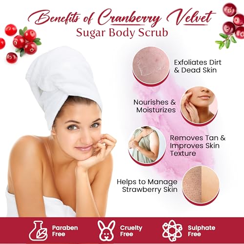 Image of The Body Bucket Cranberry Velvet Sugar Body Scrub- 200g | Included Free Bath Bomb | 3-in-1 Exfoliator, Cleanser, Moisturizer | De-Tan & Brightens Dark Areas| Smooths Strawberry Legs & Arms | Sulfate & Paraben Free