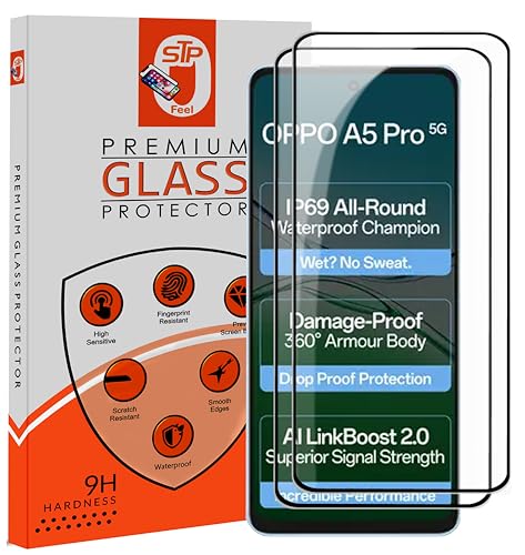 Image of STP FEEL Premium Tempered Glass Screen Protector Guard Compatible For Oppo A5 Pro 5G (6.67 Inch, Pack of 2) | Edge to Edge Coverage With Easy to installation kit for Smartphone