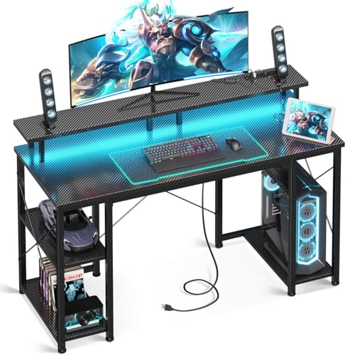 ODK 48 inch Computer Desk with Power Outlets & LED Lights, Gaming Desk with Monitor Stand & Storage Sheves, Home Office Desk, Carbon Fiber Black