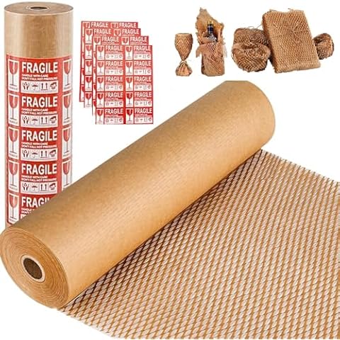 Honeycomb Packing Paper, LIVEBEAR 15" x 328' Eco Friendly Packing Paper for Moving Recyclable Honeycomb Paper Moving Supplies Bubble Paper Wrapping Materials Roll, With 40 Fragile Sticker Labels Cover