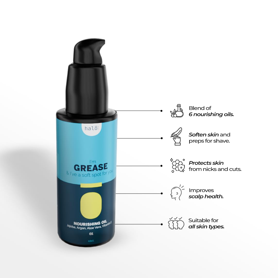 Halo Care Grease - Nourishing Pre Shave Oil for Men - Infused with Coconut, Argan, Jojoba, Aloe Vera & Vitamin E - Softens Skin, No Nicks - Suitable for All Skin Types - Improve Skin Health - 50 ML 1