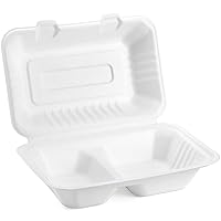 Vista 3 de Elsjoy Paquete de 90 recipientes de 9 x 6 pulgadas contenedores de alimentos compostables con bisagras de 2 compartimentos cajas desechables
