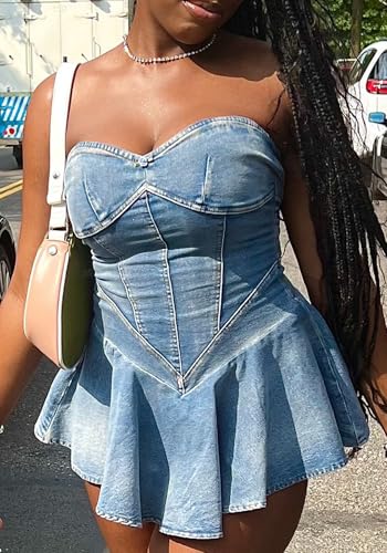 NRTHYE Women's Sexy Strapless Denim Dress Off Shoulder Corset Tube Summer Mini Jean Dresses2