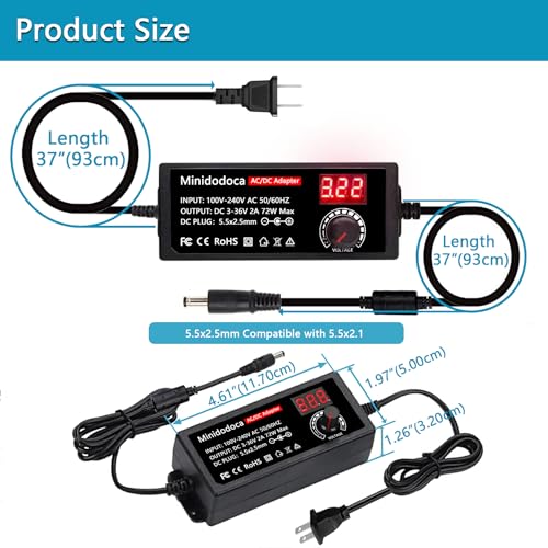 Image of 72W Power Supply Adjustable DC 3V ~ 36V Variable Universal Switching AC /DC Adapter Minidodoca AC to DC Converter with LED Voltage Display and 13 Tips, for 3V to 36V Household Electronics - 2000mA Max