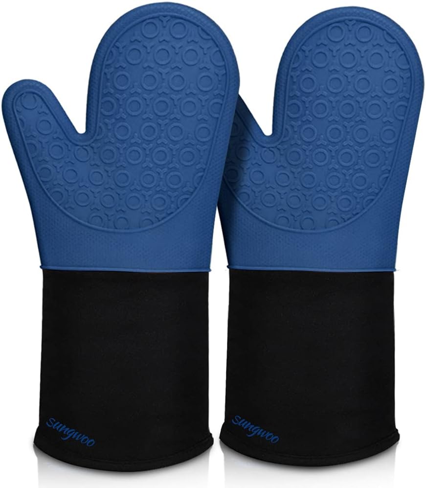 Extra Long Silicone Oven Mitts, sungwoo Durable Heat Resistant Oven Gloves with Quilted Liner Non-Slip Textured Grip Perfect for BBQ, Baking, Cooking and Grilling - 1 Pair 14.6 Inch Royal Blue & Black : Home & Kitchen
