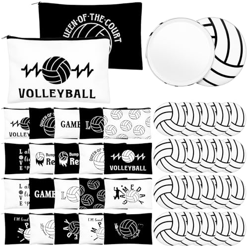 40 Pcs Volleyball Gifts 20 Volleyball Cosmetic Bags 20 Volleyball Compact Mirrors, Travel Pouches Black and White 2.76