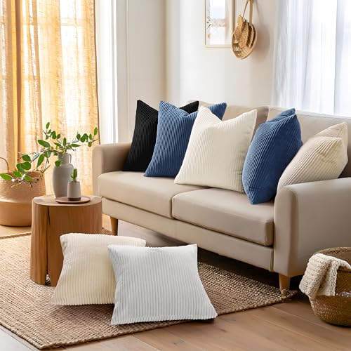 Mecatny Corduroy Decorative Throw Pillow Covers 16x16 Set of 2 for Sofa Living Room, Soft Neutral Boho Couch Pillow Covers for Home Decor, Navy Blue