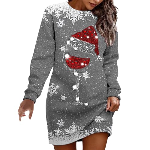 Weihnachtskleid für Damen, Pullover, Weihnachtskleid, lustiges Kleid, T-Shirt, Langarm, Rundhalsausschnitt, bedruckt, Weihnachten, Tunika, fließend,...