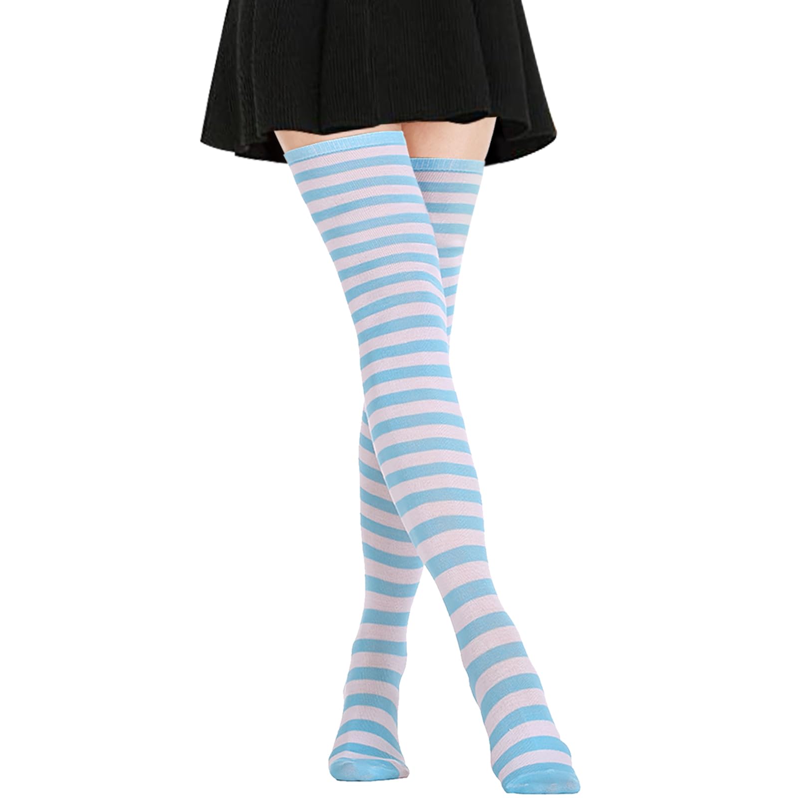 Dreshow Women's Blue Extra Long Thigh High Socks Thin Stripes Tube Tights Over Knee Socks Casual High Boot Stockings