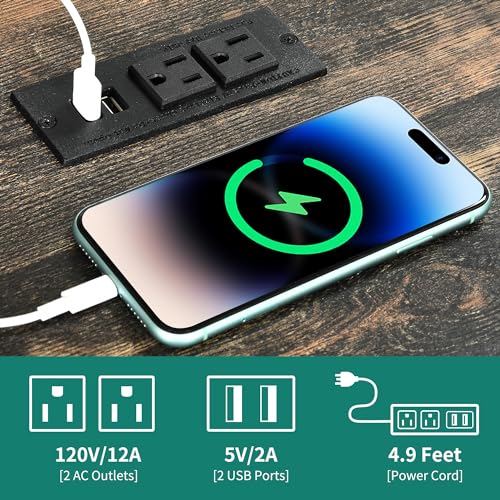 DWVO Farmhouse End Table, 24" Sofa Side Coffee Table with Charging Station and LED Lights, Nightstand with Adjustable Storage Shelf, Bedside Table for Living Room Bedroom, Dark Oak