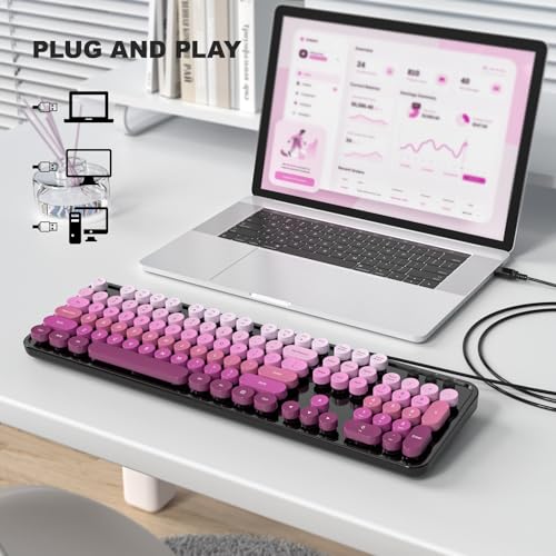 Image of Atelus Computer Keyboard Wired, Retro USB Keyboard with Large Number Pad, Caps Indicators, Foldable Stands, Full Size Typewriter Keyboard for Windows PC Laptop (Black Pink)