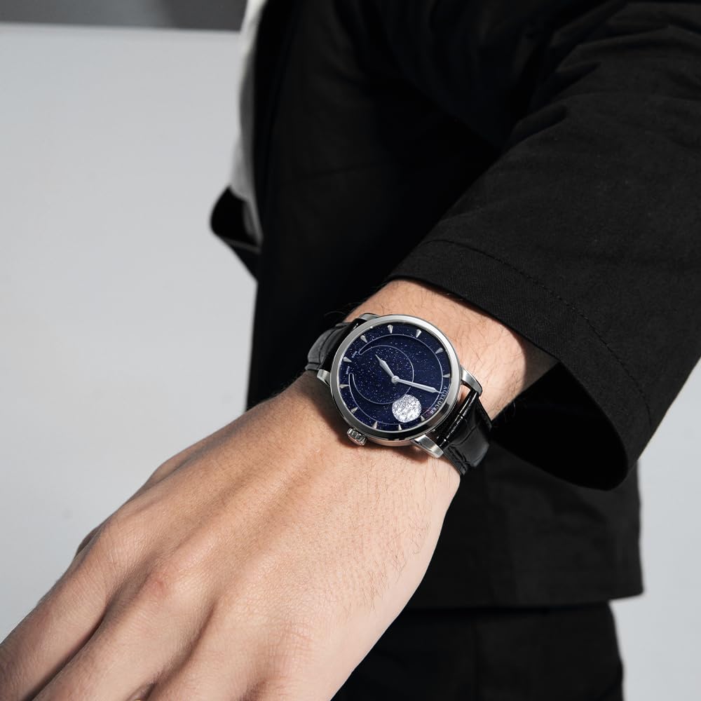 agelocer Mechanische Automatikuhr für Herren, New Moonphase, 40 mm, 3D-Zifferblatt aus blauem Sandstein, 80H Gangreserve, Saphirglas, Krokodillederarmband
